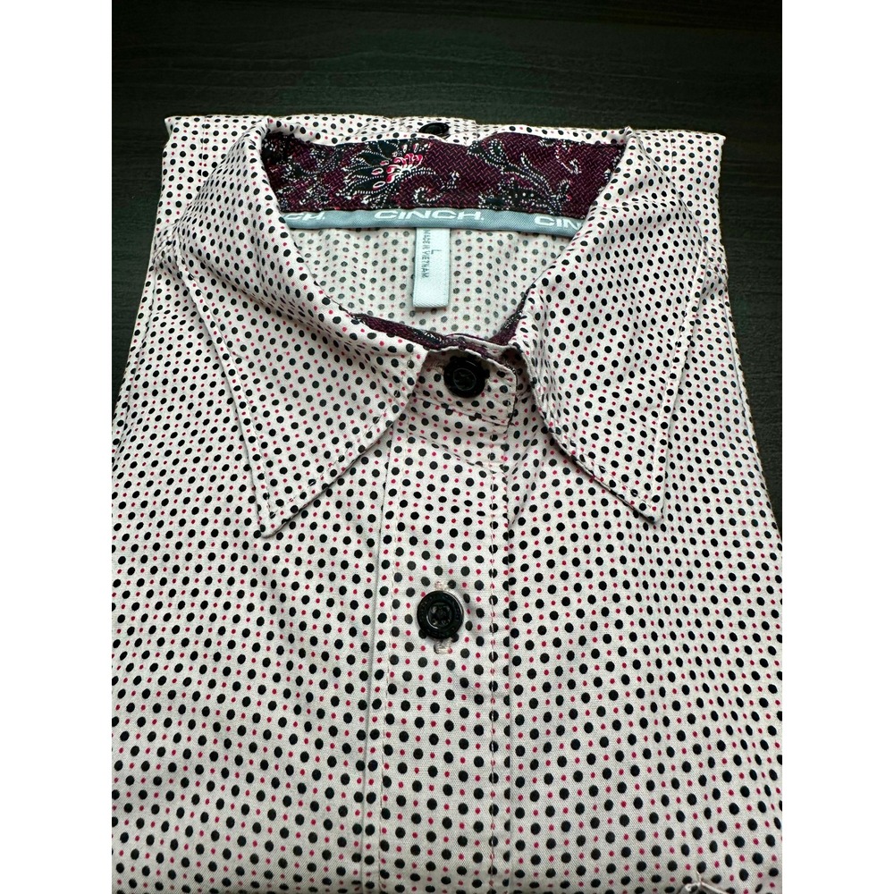 Cinch Button Front Western Ranch Shirt Womens Large Pink Black Micro Polka Dots